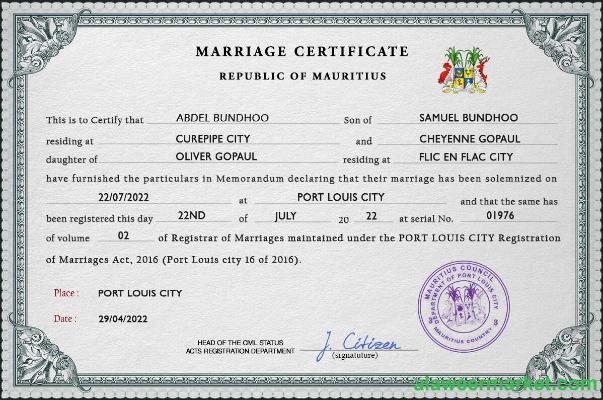 Mauritius marriage certificate PSD template